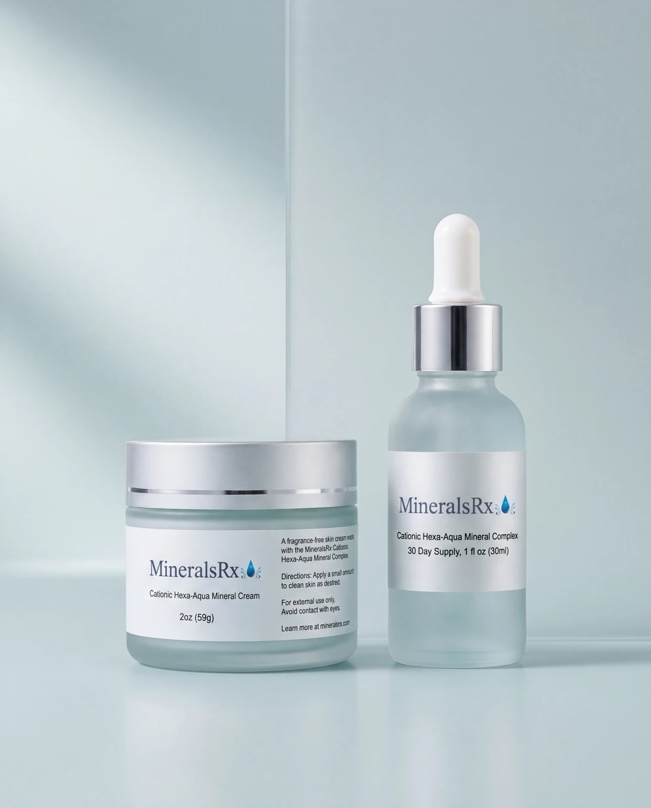MineralsRx cream and Oral Drops photographed together in a softly lit aqua studio